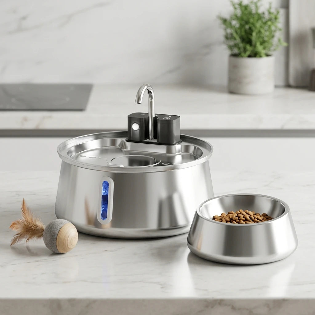 Fontaine à Eau pour Chat en Inox avec Filtration Ultra Silencieuse – Distributeur d’Eau Automatique pour Chats